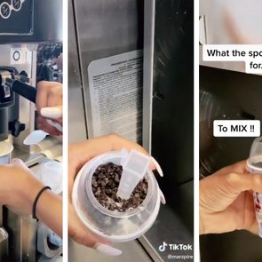 Soft serve machine fills cup; spoon blends ingredients; close-up shows mixing process with text: 