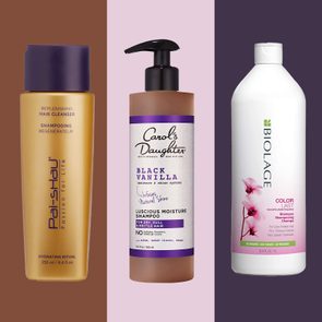 Three shampoo bottles stand side-by-side; each labeled with distinct brand and variant names against a colored background.