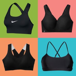 Four black sports bras displayed on colorful backgrounds, each with different strap designs, arranged in a two-by-two grid.