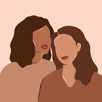 Two faceless figures stand closely together, surrounded by a peach-colored background, illustrating camaraderie or friendship.