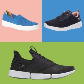 Three sneakers are displayed: blue slip-on on pink, black lace-up on blue, and black athletic shoe on green backgrounds.