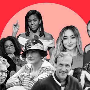 A collage features various individuals, some smiling, some thoughtful, against a red background with a large pink circle.