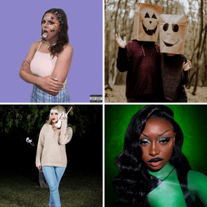 1. Person with stickers on face, arms crossed, purple background. Text: 