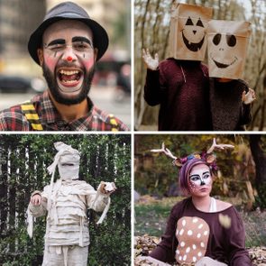 Clown laughs in urban street; two people with paper bag masks raise arms in forest; mummy in bandages stands by bushes; person in deer costume sits in leaves.