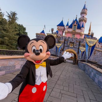 A person in a Mickey Mouse costume gestures happily in front of a fairytale-style castle with blue rooftops, surrounded by trees and flags.
