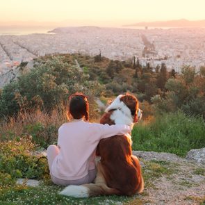 A person embraces a large dog while sitting on a grassy hill, overlooking a sprawling cityscape at sunset.