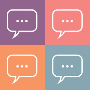 Four speech bubbles contain ellipses, arranged in a two-by-two grid, each on a different colored square background: purple, pink, orange, and blue.