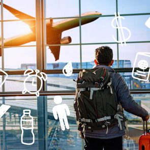 Traveler watches airplane take off through airport window, holding luggage, surrounded by travel-related icons like passport, clock, and dollar sign.
