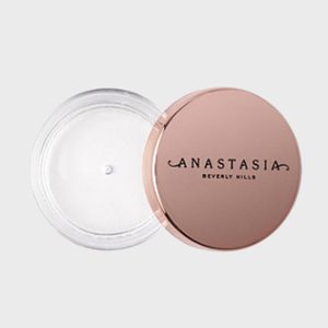 Clear jar with an open rose gold lid, labeled 