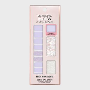 Gel nail strips displayed in packaging. The strips are lavender, glittery, and patterned. Text states 