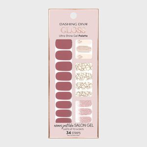 Nail polish strips in various designs are displayed on a card, including solid, glitter, and patterned styles, promoting 34 strips lasting up to 14 days.