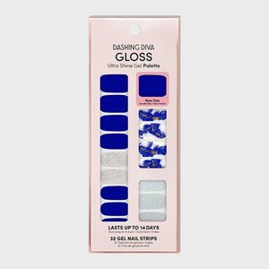 The package displays blue, silver, and marbled nail strips labeled 