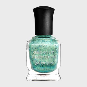 Nail polish bottle showcasing vibrant green glitter, labeled 