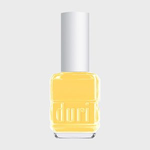 Nail polish bottle containing yellow liquid, standing upright, with 