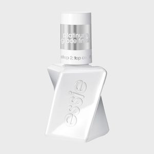 White nail polish bottle stands upright; text reads â€œessie,â€ â€œplatinum grade finish,â€ and â€œstep 2: top coat.