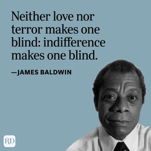 Text quote by James Baldwin on blue background with a partial black-and-white portrait below.