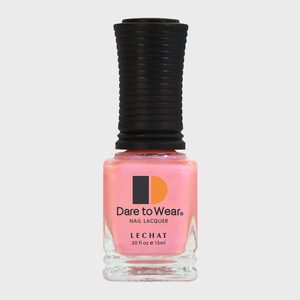Nail polish bottle displaying pink lacquer with a black ridged cap, labeled 