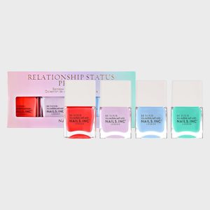 Nail polish bottles arranged in a row, displaying vibrant colors, with pastel packaging labeled 