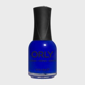 Blue nail polish bottle stands upright, displaying text 