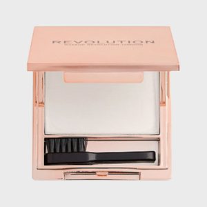 Compact case holds white powder and brush, labeled 
