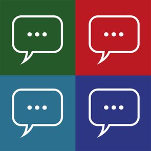Speech bubbles containing ellipses, displayed in green, red, teal, and blue squares, indicating conversation or messaging in a colorful, structured layout.