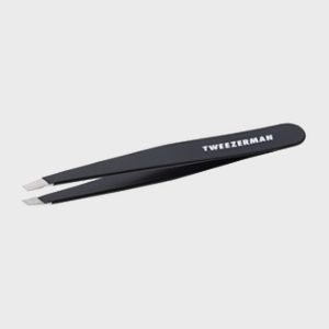 Black tweezers resting against a plain background; the word 