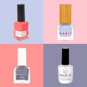 Four nail polish bottles, each with different colored caps and labels, are displayed in a grid against alternating pink and blue backgrounds.