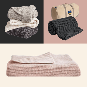 Four blankets in various colors and textures, one with leopard patterns, two knitted, placed against different colored backgrounds.