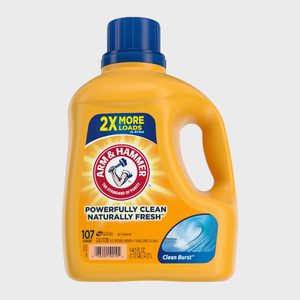 Orange detergent bottle displays brand logo, promoting 
