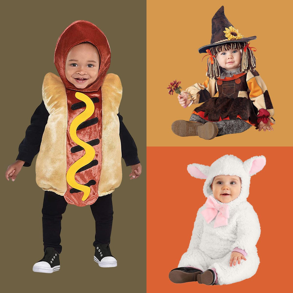 Children wear animal and food costumes; hotdog stands, scarecrow sits holding flowers, lamb costume sits, all on colorful backgrounds.