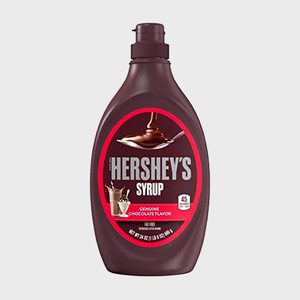 Bottle displays Hershey's Syrup label, depicting chocolate pouring from a spoon, against a plain background.