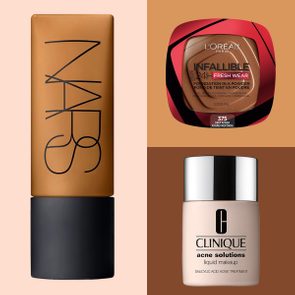 Three makeup products displayed: NARS foundation bottle, L'Oreal powder compact, and Clinique acne solutions liquid makeup against a two-tone background.