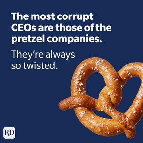Pretzel rests on a blue background with humorous text: 
