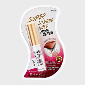 Eyelash adhesive tube displayed in package; labeled â€œSuper Strong Hold.â€ Packaging includes text about being safe, latex-free, and for precise application.