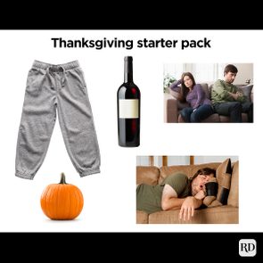 Sweatpants, wine bottle, and pumpkin are grouped. A couple sits displeased on a couch, and a man sleeps on another. Text reads: 