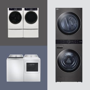Three washing machine and dryer sets are displayed on a split-colored background. Each set has distinct designs and finishes.