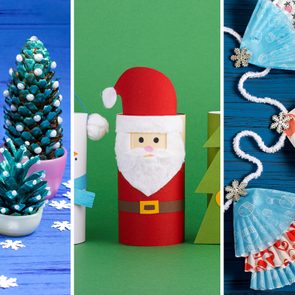 Painted pinecones sit in pots, crafted Santa figures stand on green, and cupcake liners create decorative garlands on a blue background.