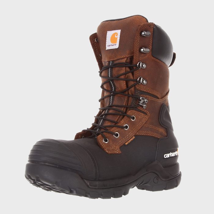 Brown work boot with black rubber sole and laces, standing upright. Displayed on a plain background. Labels: 