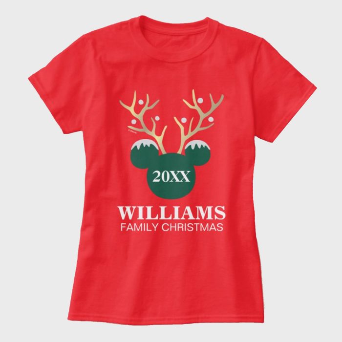 Red t-shirt features antlered logo with 