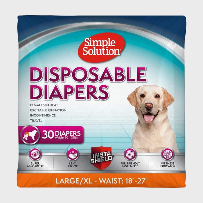 Package shows dog wearing disposable diapers, promoting absorbency and leak-proof features. Text highlights size, usage for females in heat, and travel convenience.