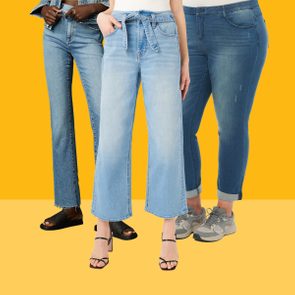 Three pairs of jeans stand prominently, styled with different footwear, against a vibrant yellow background.
