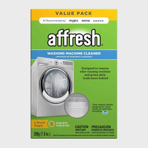 Box features washing machine cleaner product designed to remove odor residues. Includes text and image of washing machine. Contains five tablets for a five-month supply.