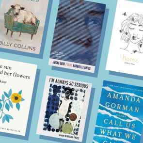 Book covers arranged diagonally showcase various poetry titles against a blue background, each featuring distinct artwork and text highlighting the authors' names.