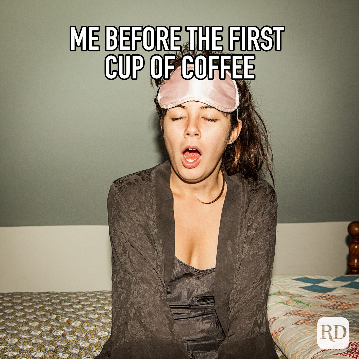 Me Before The First Cup Of Coffee meme text over image of disheveled woman