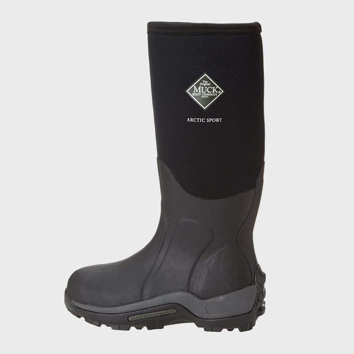 A black rubber boot stands alone, featuring rugged tread and 
