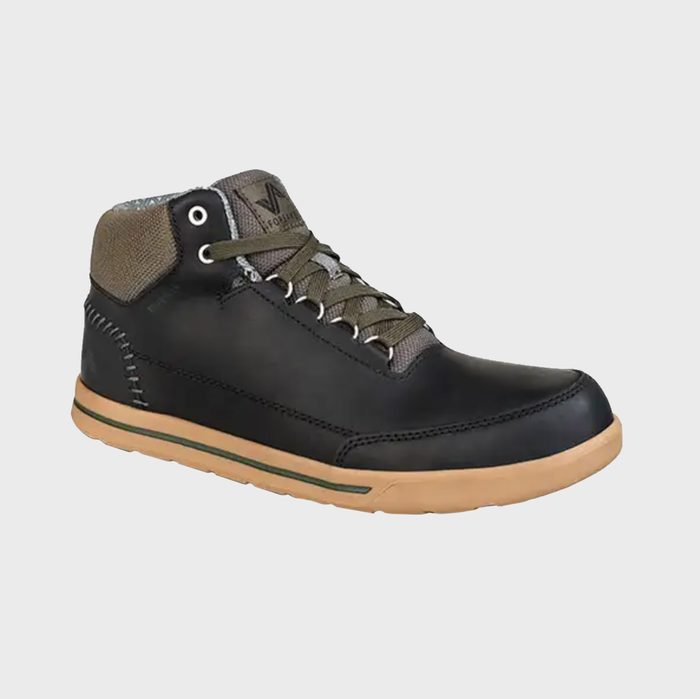 Black shoe with brown trim, laced up, set against a plain white background.