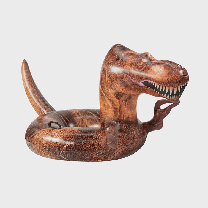 Inflatable dinosaur float resembles a T-Rex, displaying an open mouth. It is set against a plain white background.