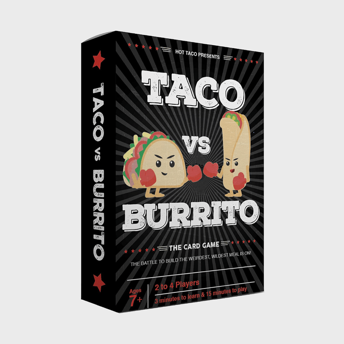A taco and burrito wear boxing gloves, facing off on a game box labeled 
