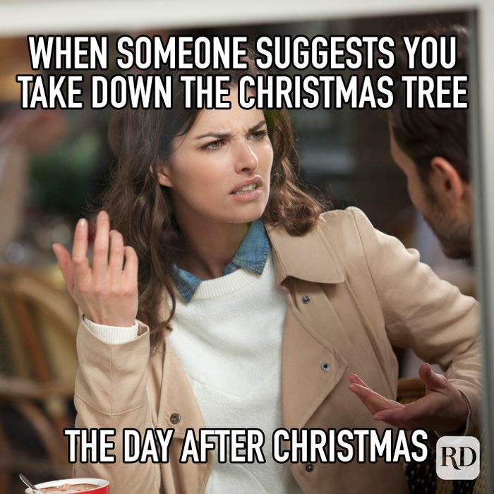 When Someone Suggests You Take Down The Christmas Tree The Day After Christmas meme text