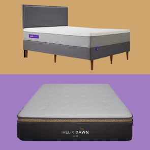 Two mattresses displayed separately; top on a bed frame with 